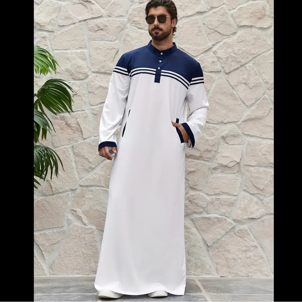 Men Middle Eastern Traditional Thobe Abaya Navy Blue White
